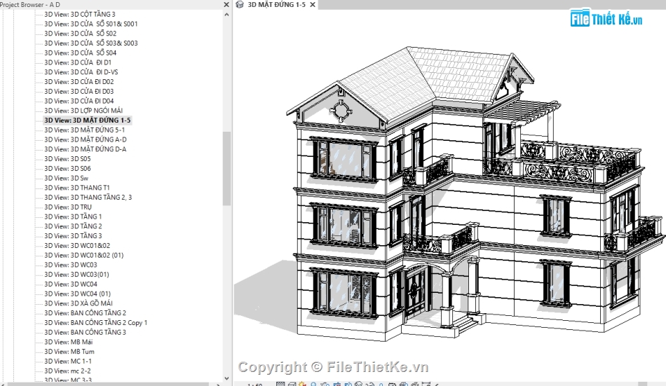 bản vẽ 3 tầng,kiến trúc biệt thự,biệt thự 3 tầng,bản vẽ revit biệt thự,reit biệt thự 3 tầng